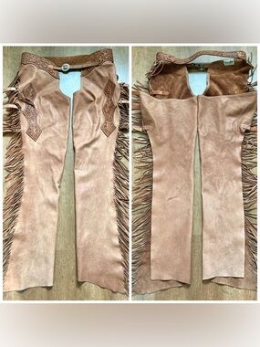 Vintage Fringed Brown Leather Chaps Stelzig’s of Texas Houston TX Tooled Leather